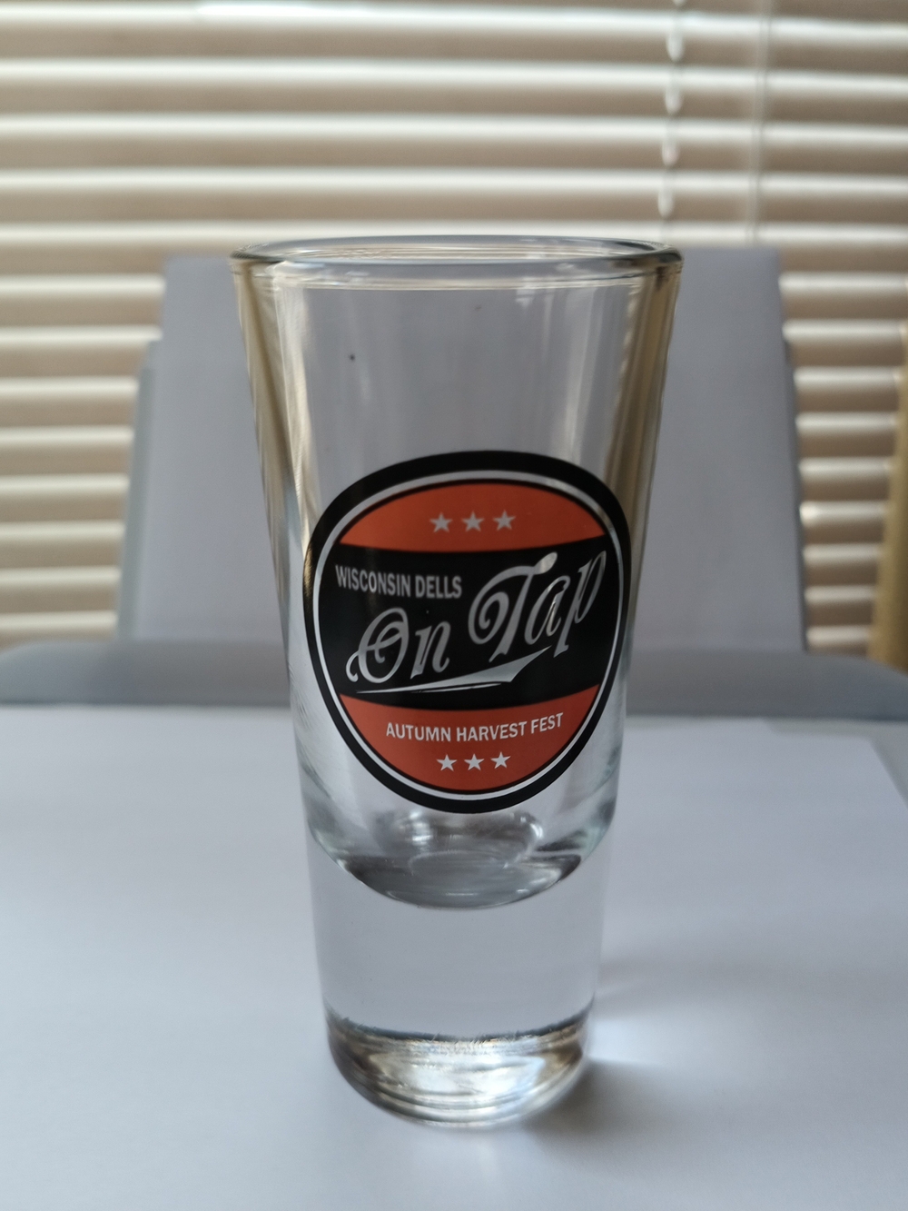 On Tap Autumn Harvest Fest Orange Logo Triple Shot hot Glass - Wisconsin Dells